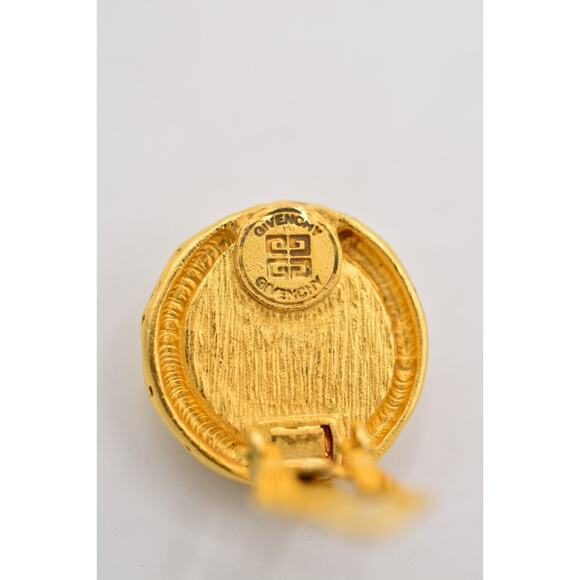 Givenchy Cabochon Clip On Earrings Round Brushed Antiqued Gold Chunky Signed 9D - Picture 11 of 12
